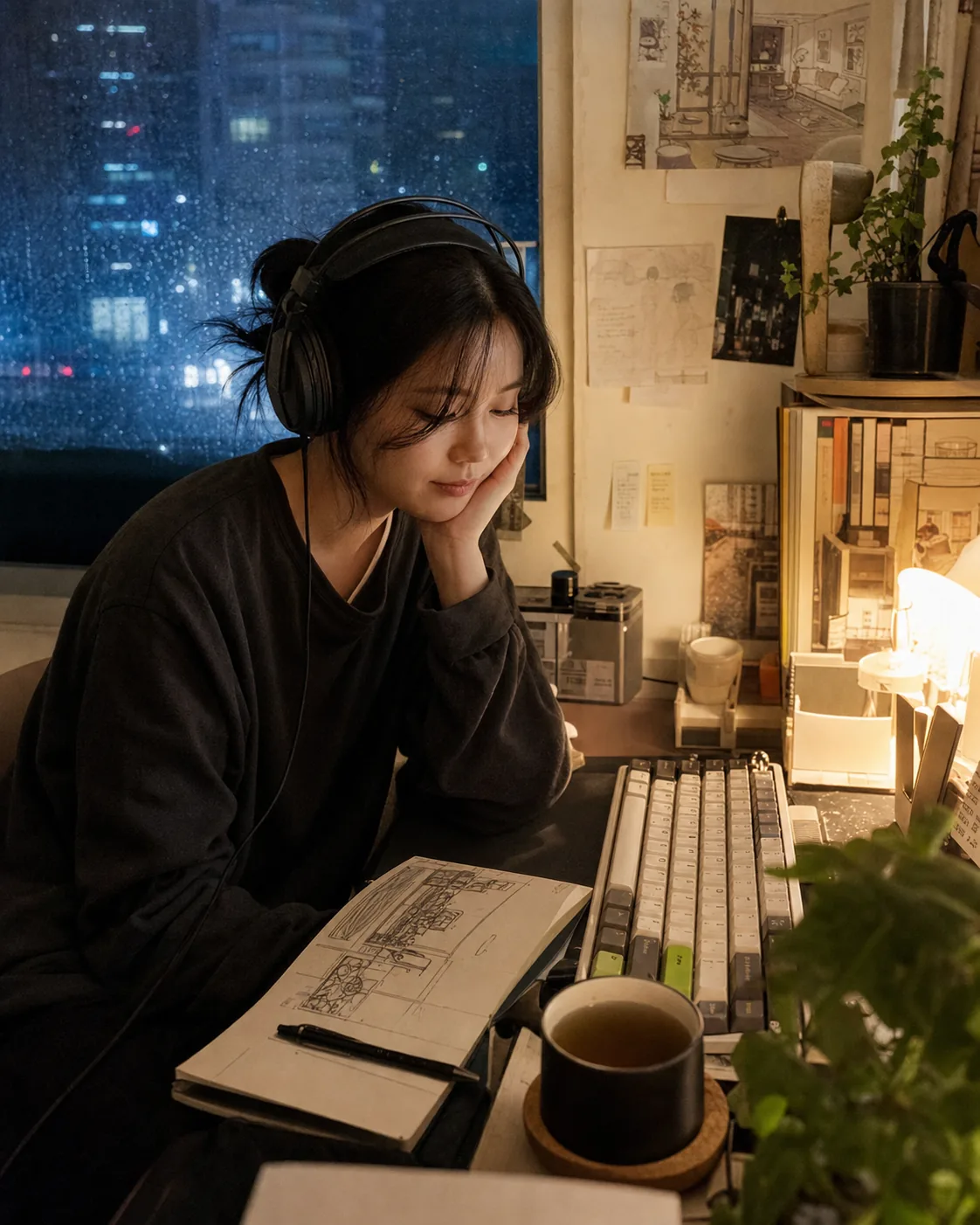 AI 콘셉트 이미지 · 비 오는 밤 책상 장면 (실사 아님)