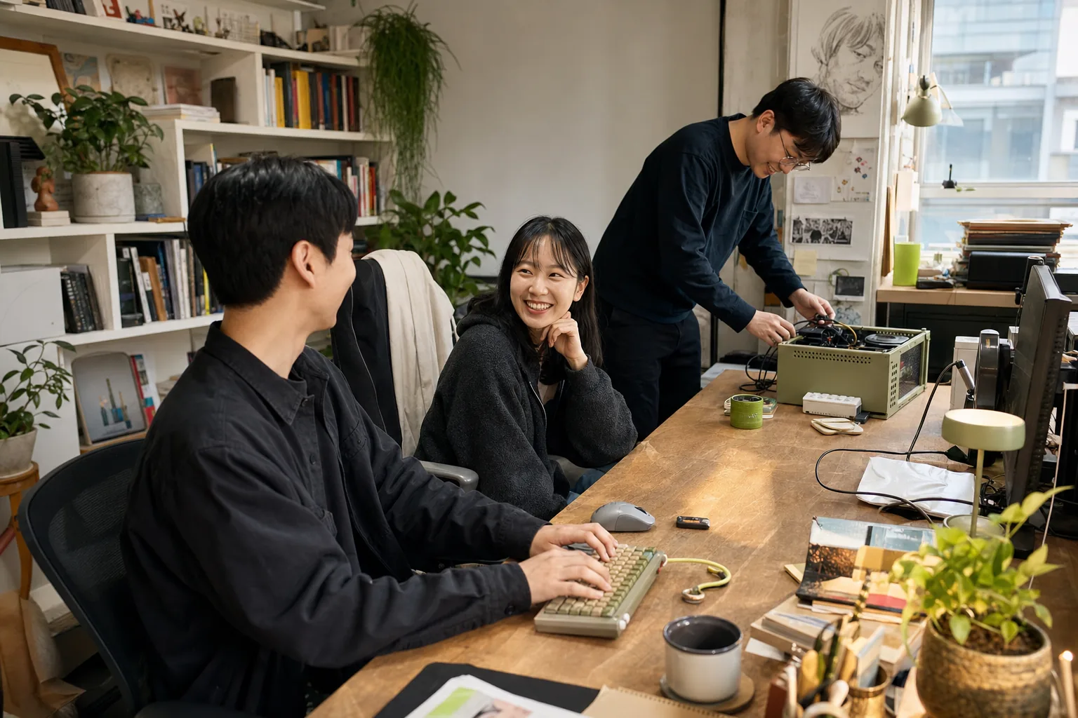 AI 콘셉트 이미지 · 세 사람의 작업실 장면 (실제 인물 아님)